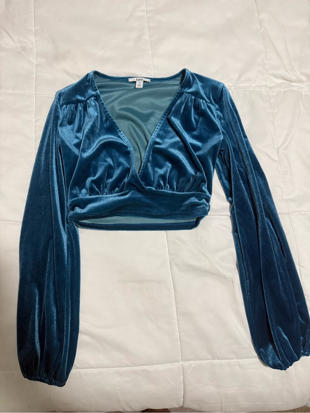 Bar III Teal Velvet Deep V Long Sleeve Crop Top